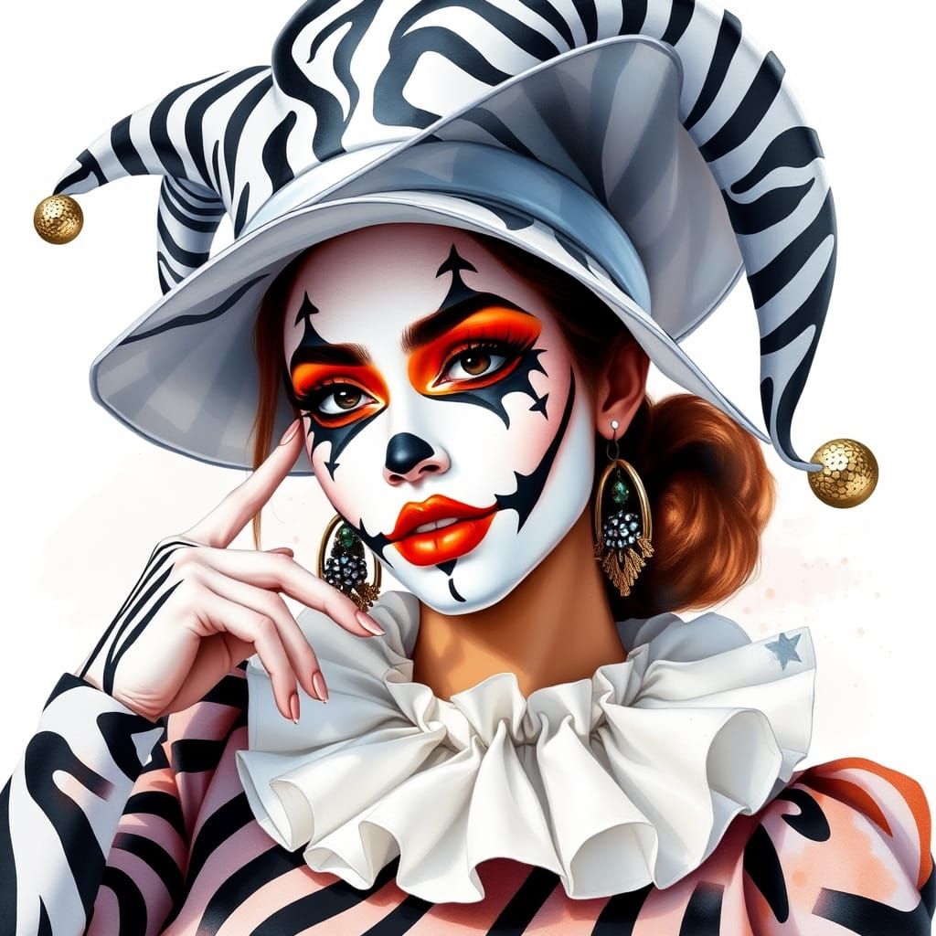 Whimsical Jester in Watercolor Digital Art Style