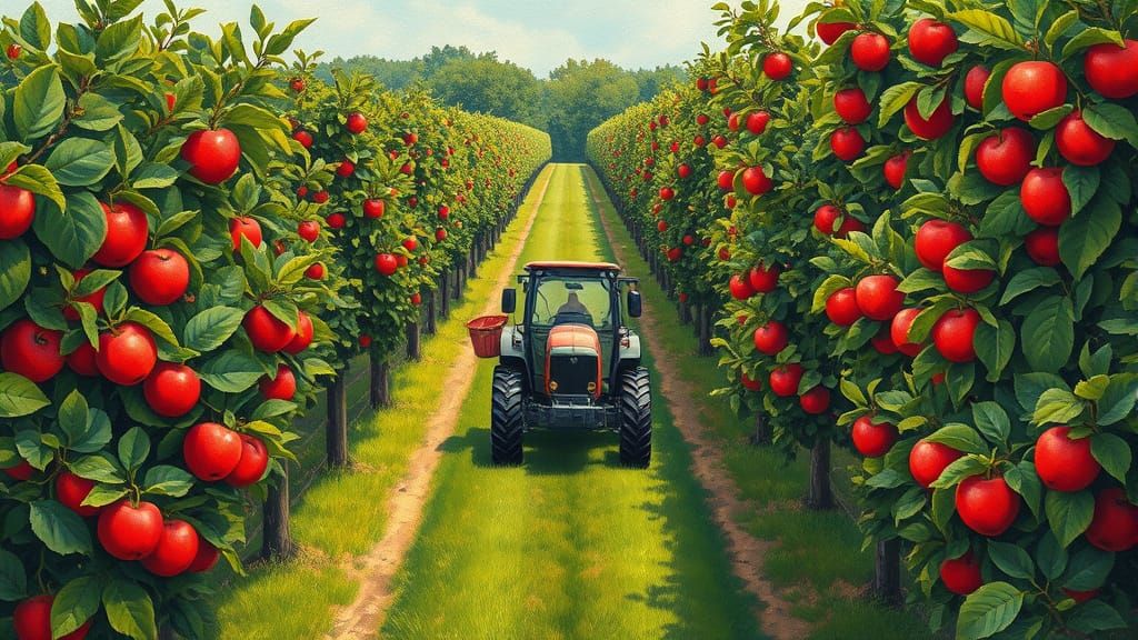 Vibrant Orchard Scene in Gouache Style
