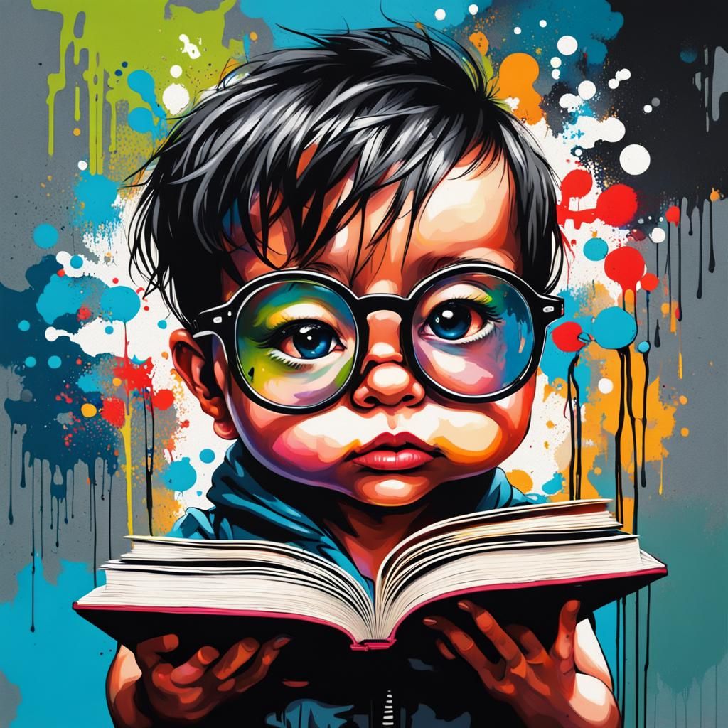 Baby with Glasses and Books in Graffiti Art