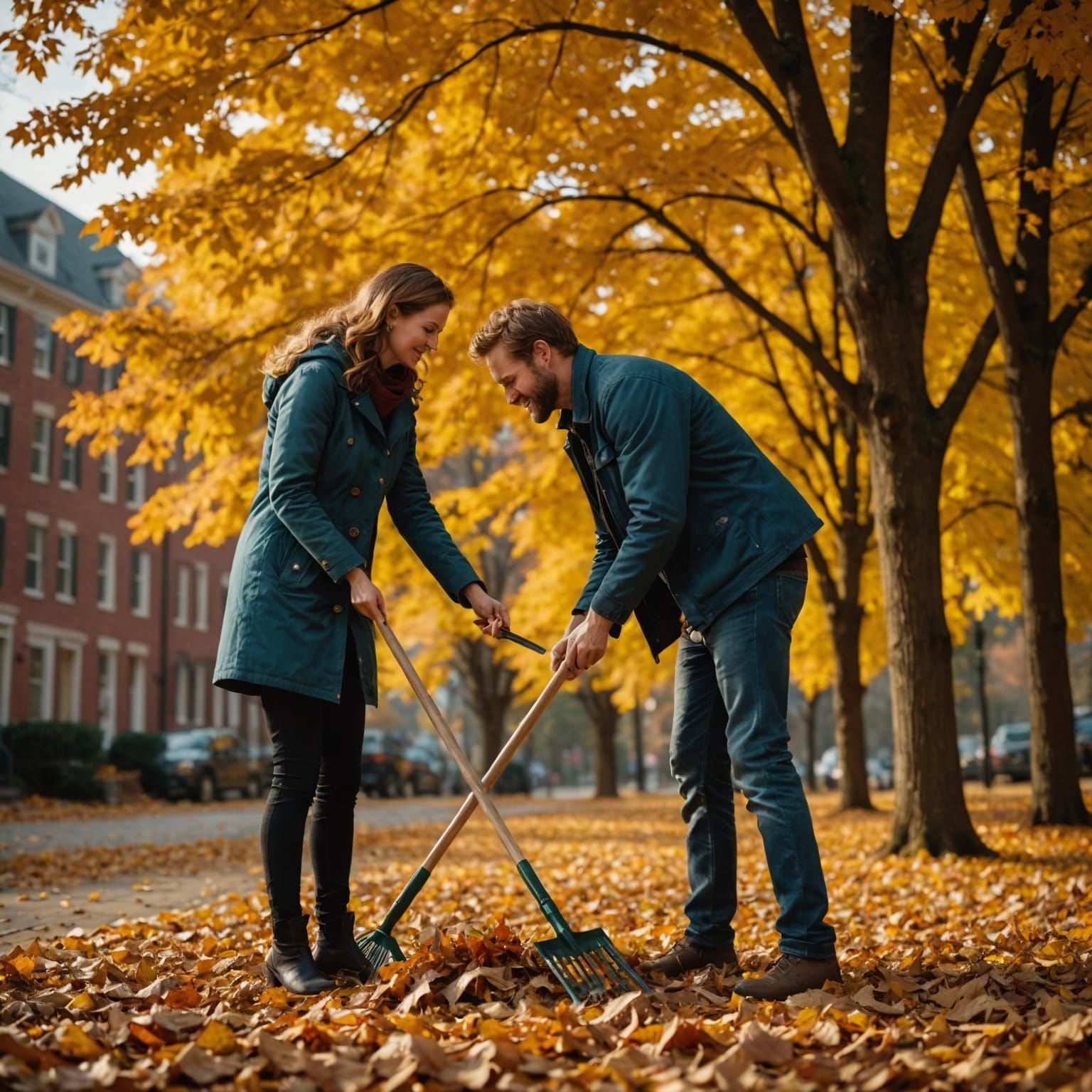 Lovers Playing in Autumn Leaves: Hyperrealistic Detail