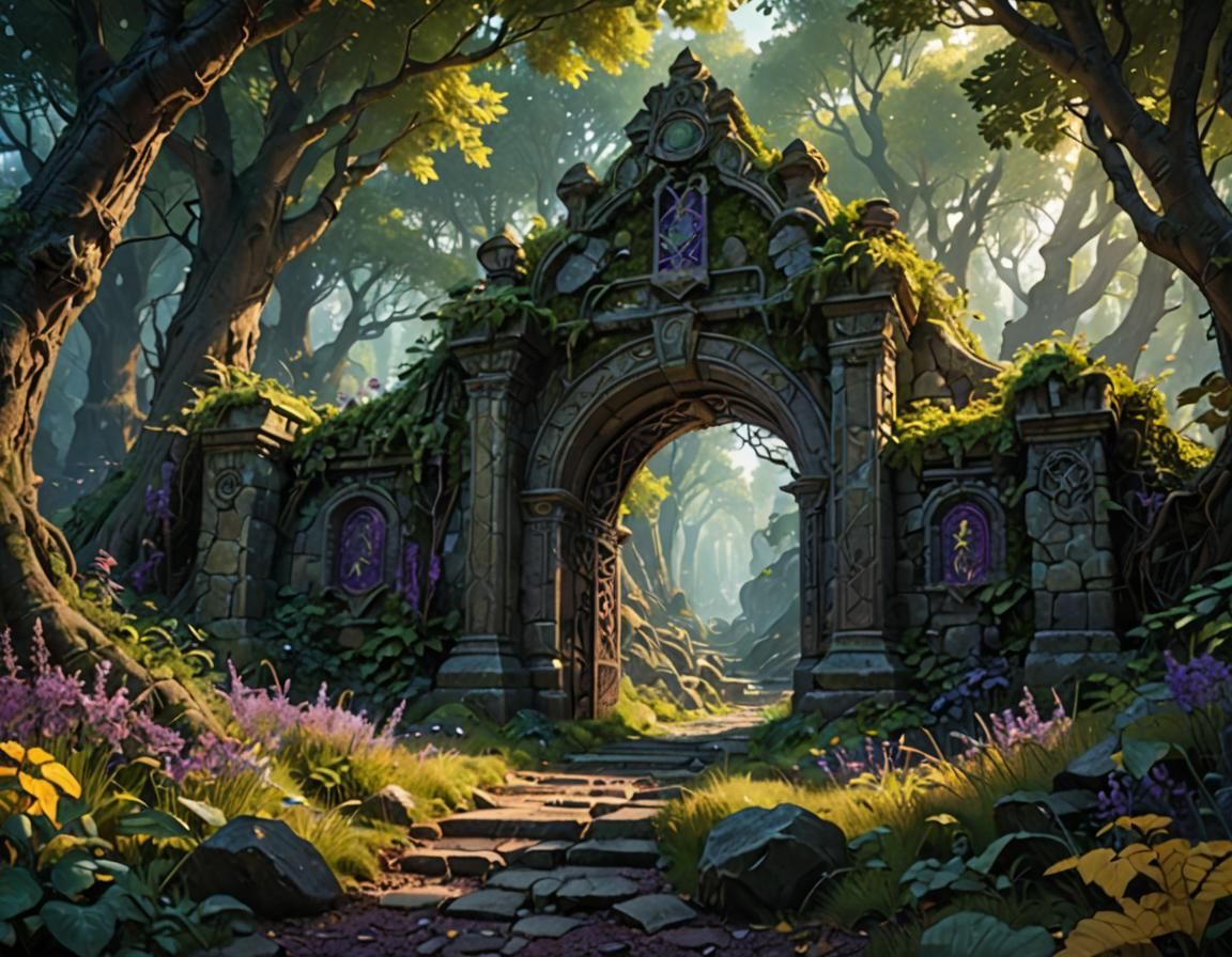 Enchanted Forest Stone Gate in Dark Fantasy Style