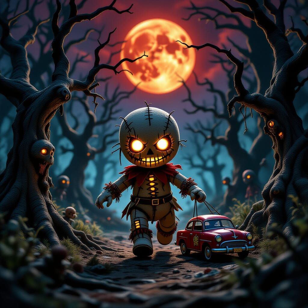 Voodoo Doll in Twisted Forest Under Blood Moon