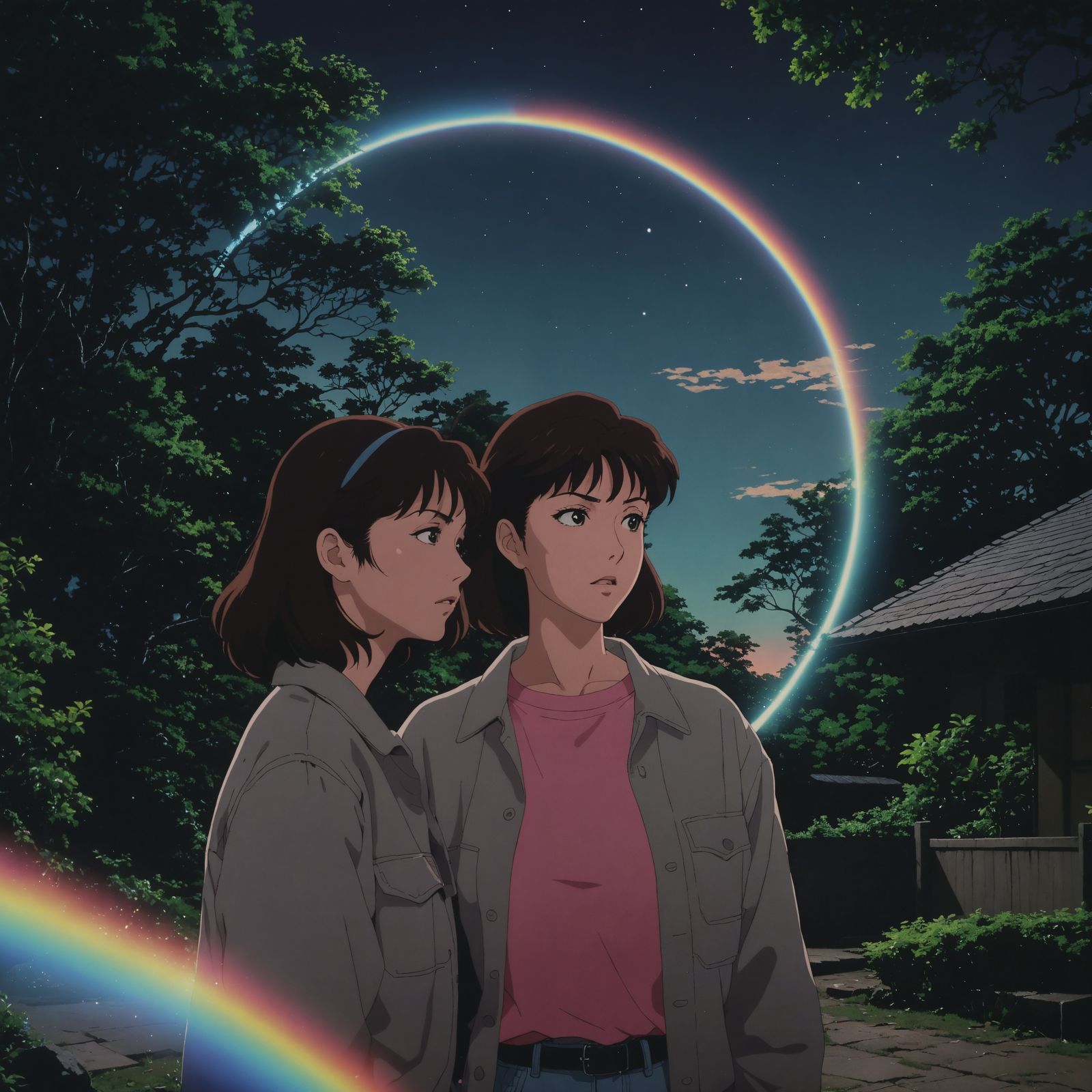 screenshot from an 80s anime episode, 1980s, lesbian couple standing in nature at night, 3d distortion shattering face i...