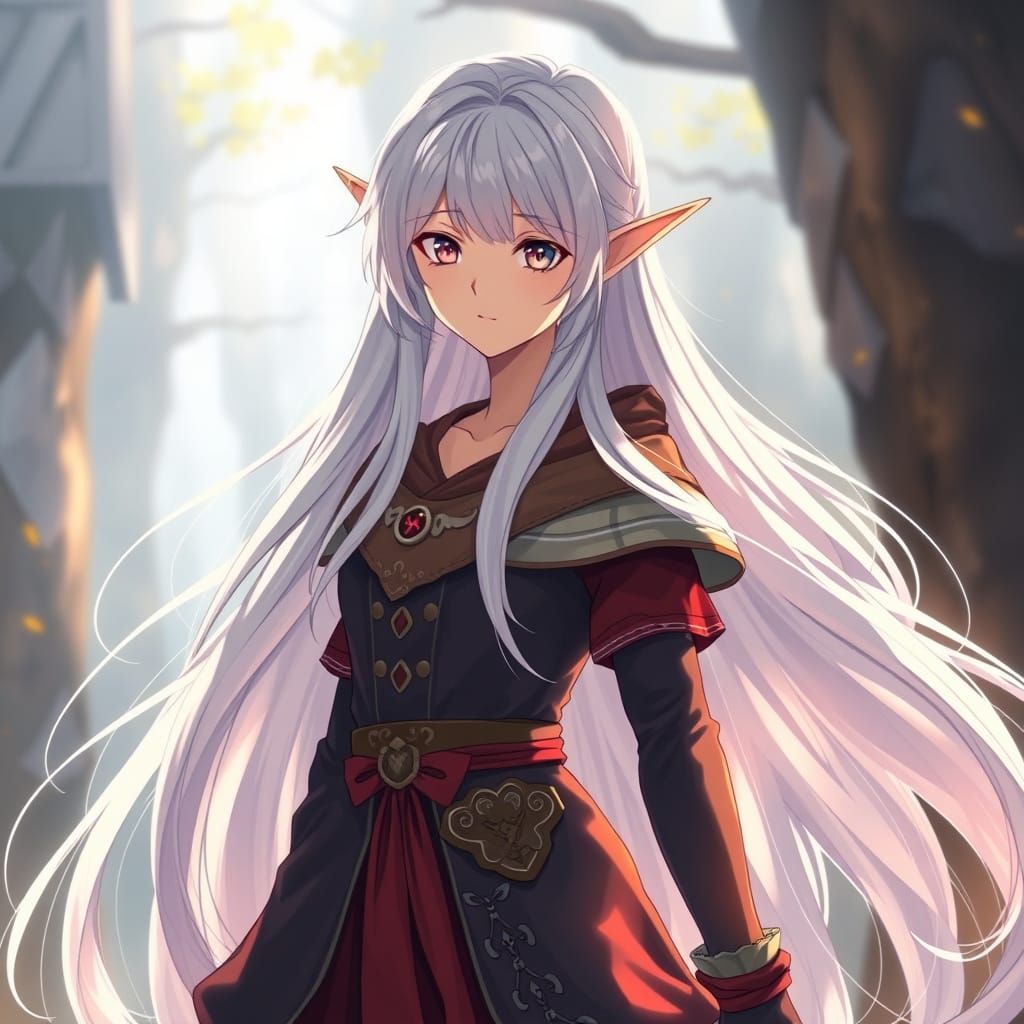Ghibli-Inspired Anime Elf Mage with Long White Hair