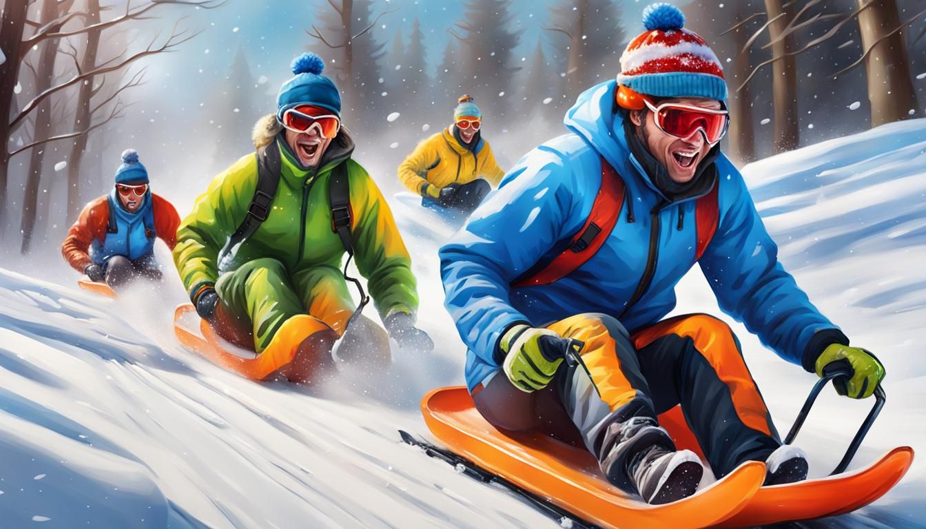 Exciting Sled Race Down Snowy Hill in Winter