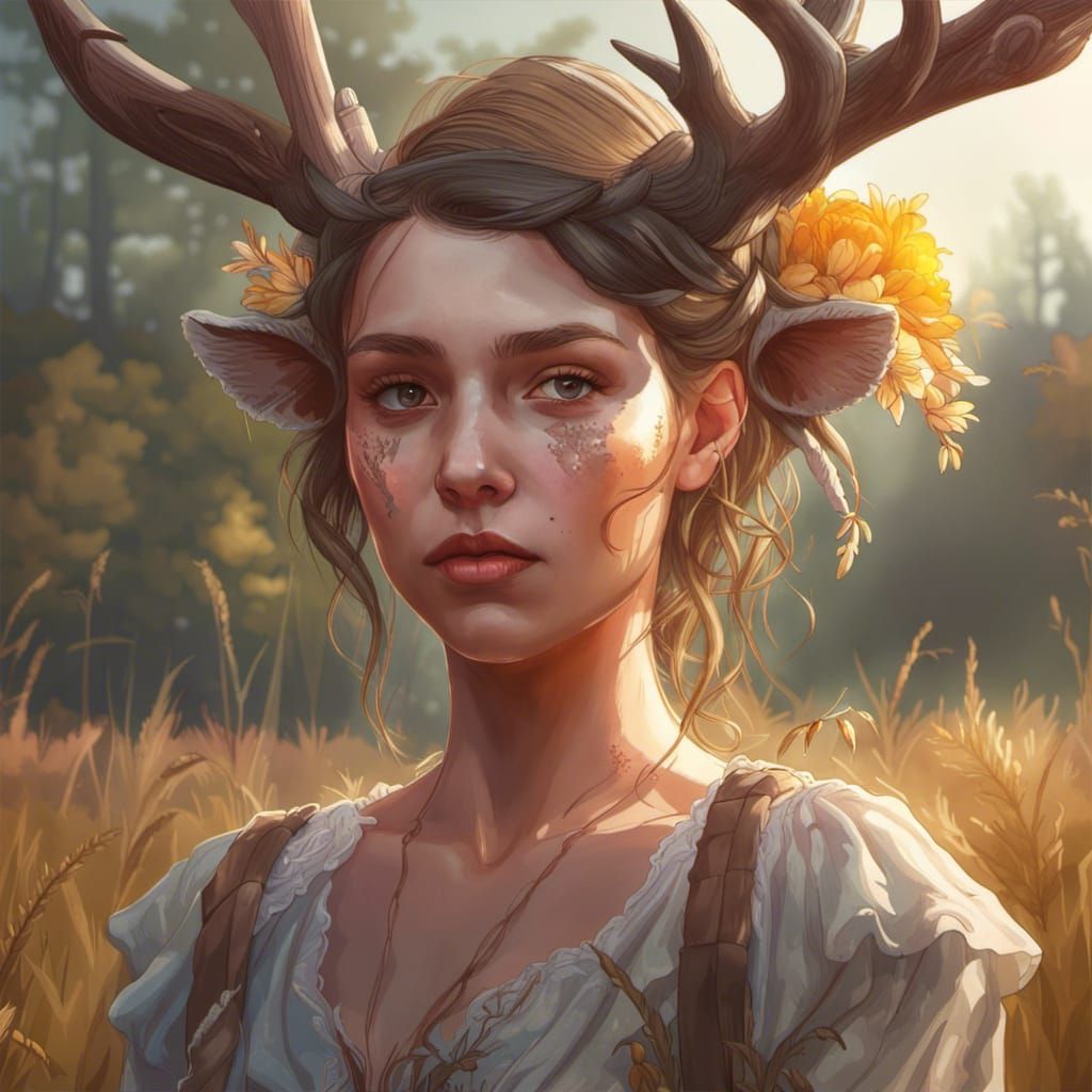 Girl with Deer Head Portrait in Hyperdetailed Style