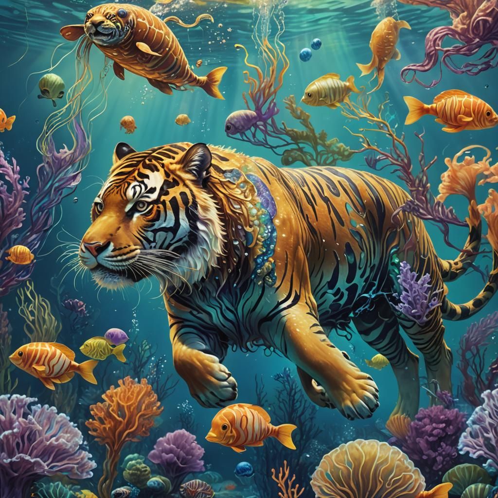 Tiger Seal Dog Hybrid Swims in Vibrant Sea