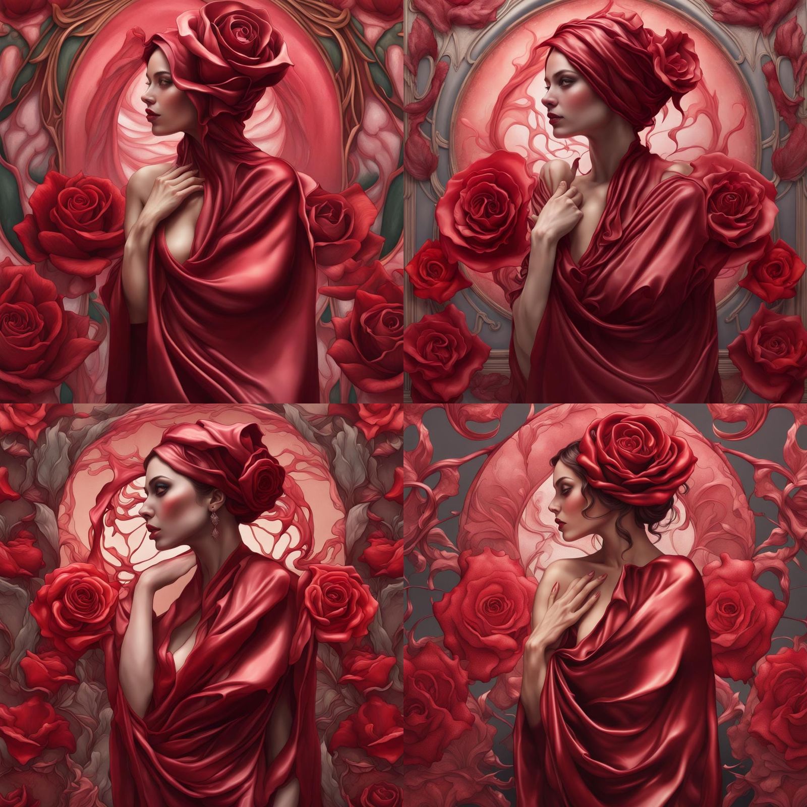 Woman wrapped in luxurious soft red/burgundy silk in the shape of a rose, ( ( art nouveau ) ), high quality, 4k, 8k, oct...