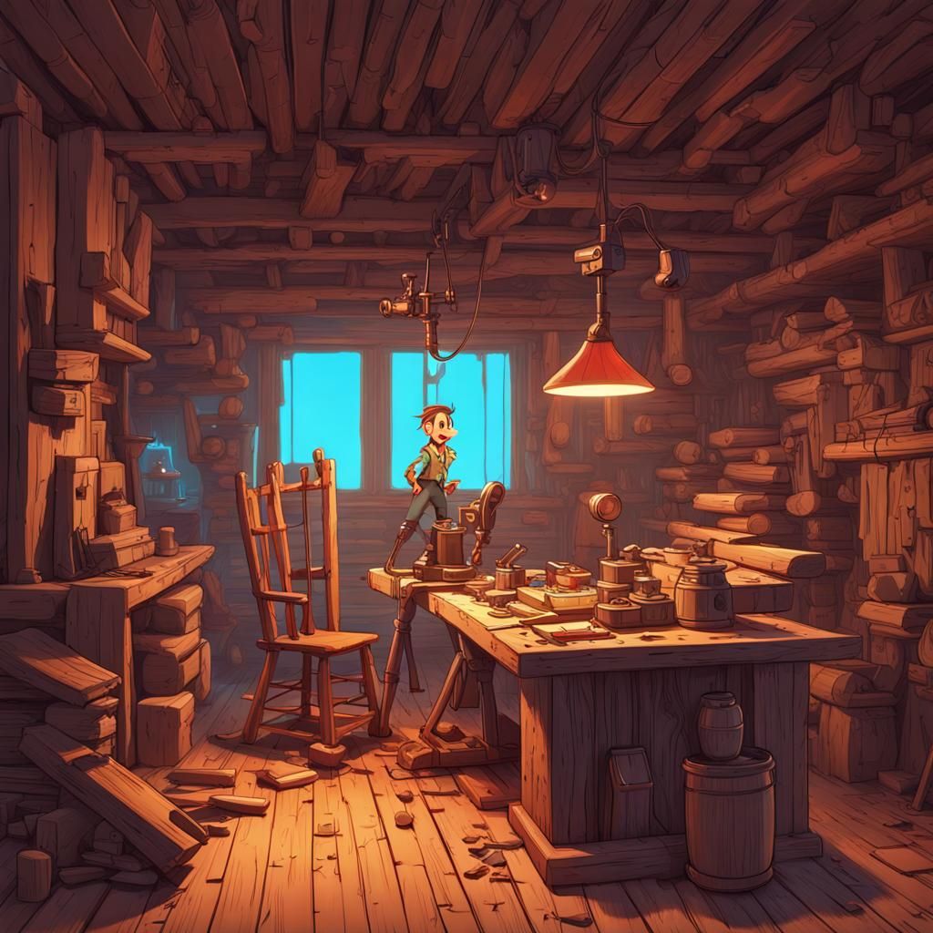 Cyberpunk Pinocchio in Carpenter's Workshop