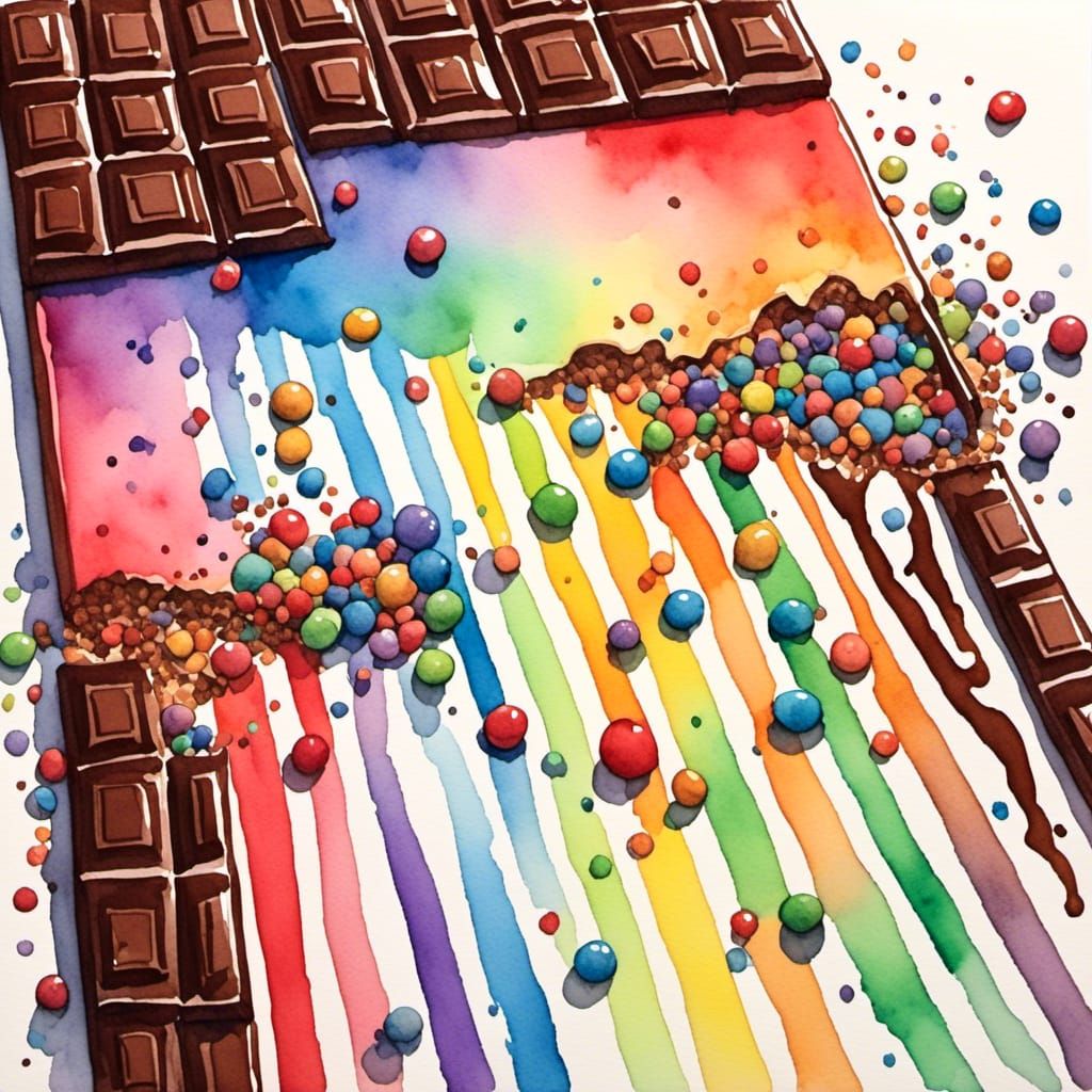 Rainbow Emerging from Chocolate Bar in Watercolor Mosaic
