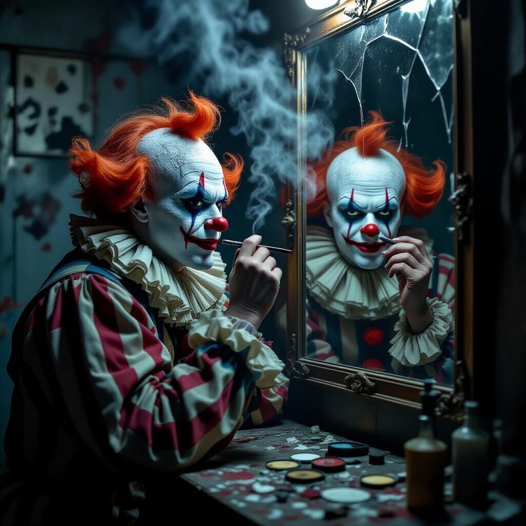 Grotesque Clown Applying Makeup in Dark Surreal Style