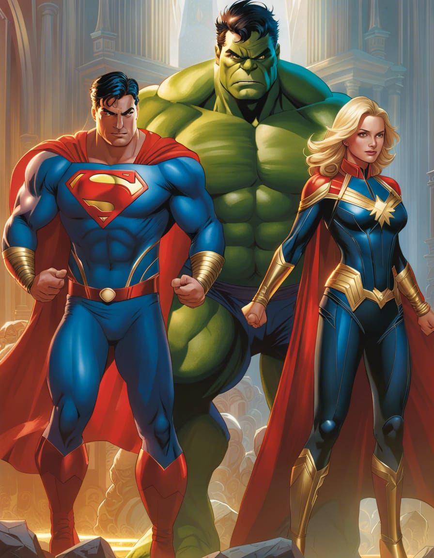 Clark, Bruce and Carol are searchig Darkseid in the Marvel Universe