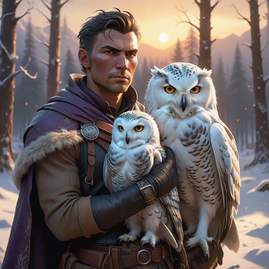 Chiseled Farm Hero with Snowy Owl in Winter Sunset