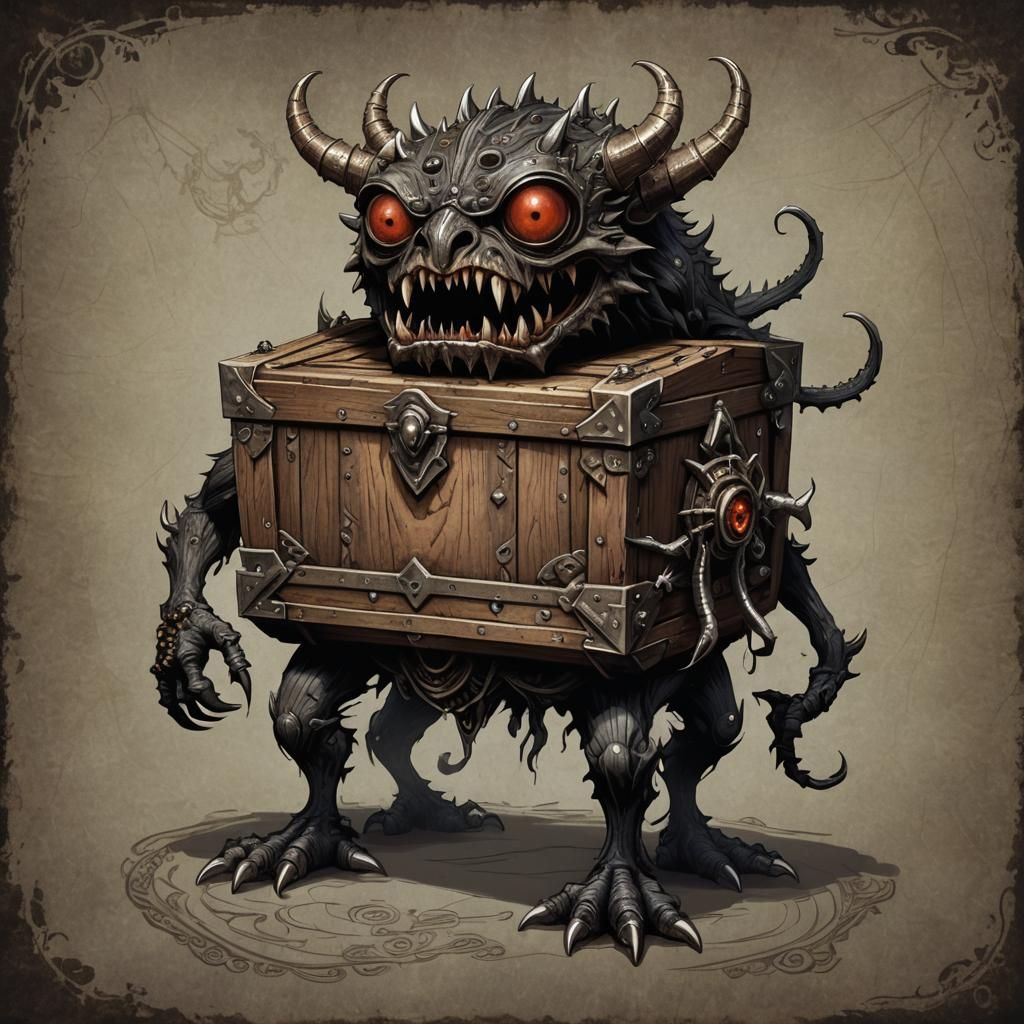 A captivating dark fantasy illustration of a wooden chest mi...