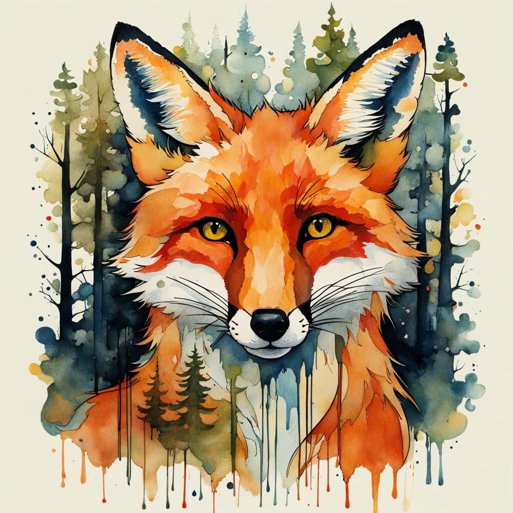 Fox in Forest with Dripping Paint Effect