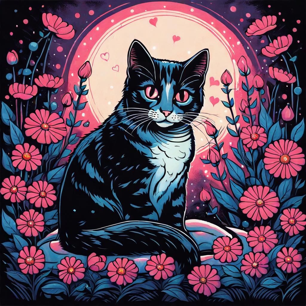 Cute Cat with Flowers in Doyle-esque Style