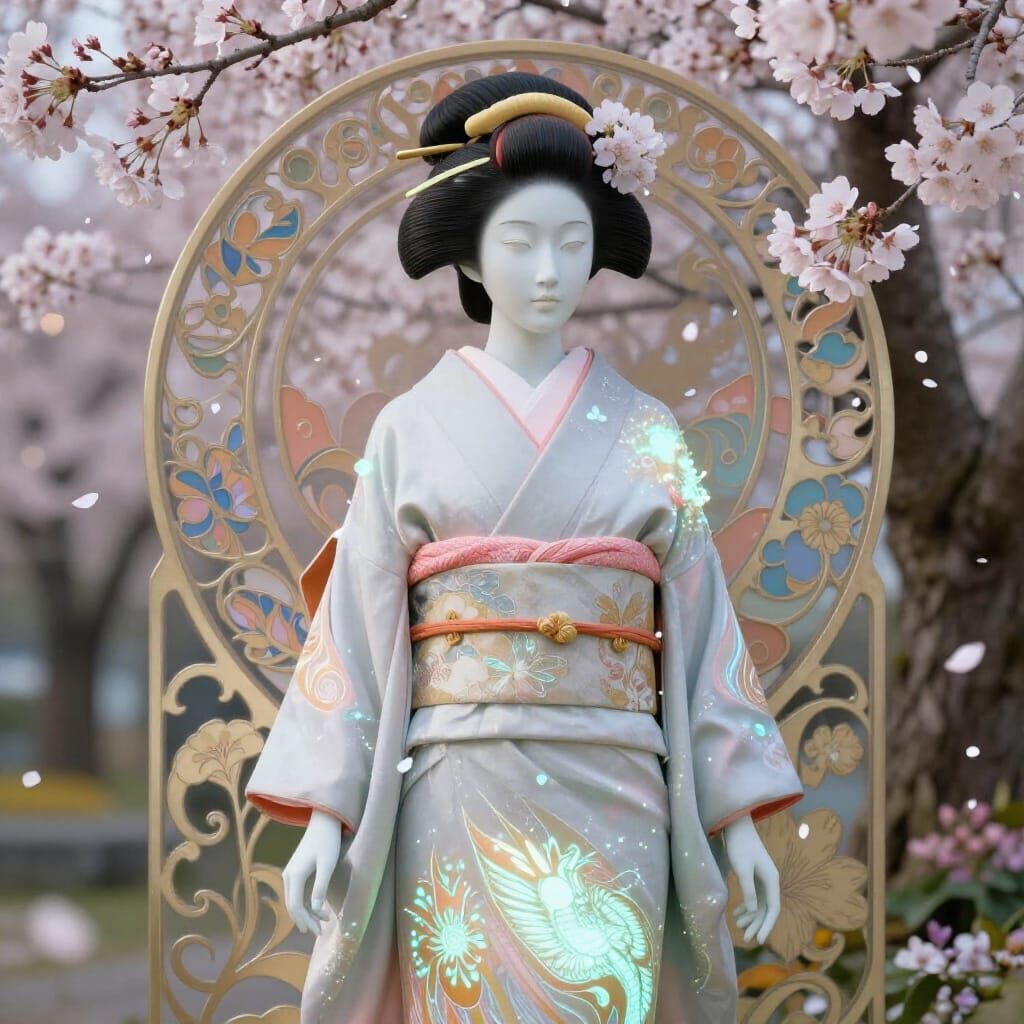 Ethereal Geisha in Bioluminescent Kimono and Cherry Blossoms