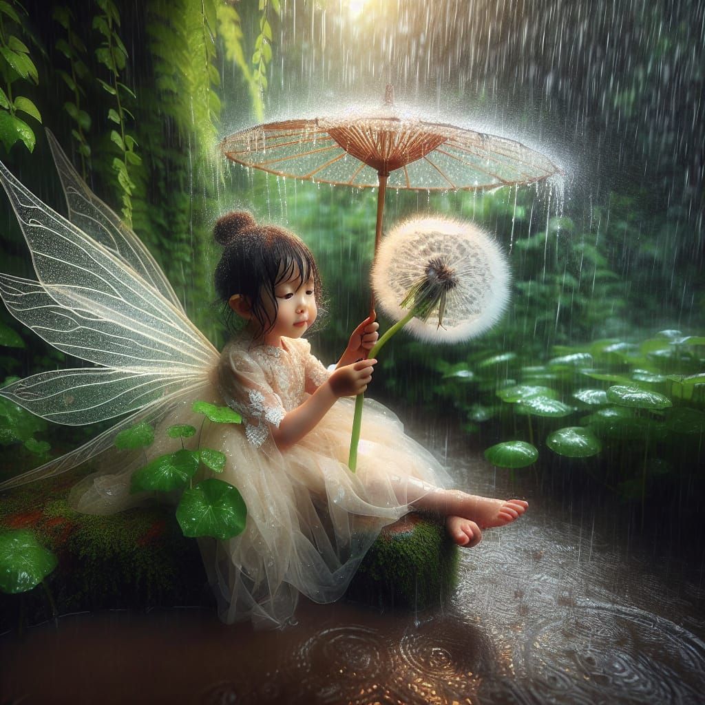Ethereal Fairy Child in Rainy Wonderland