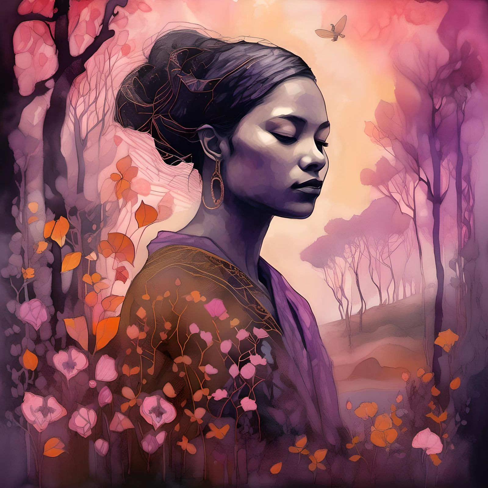 Layered Illustration of a Woman in the Countryside