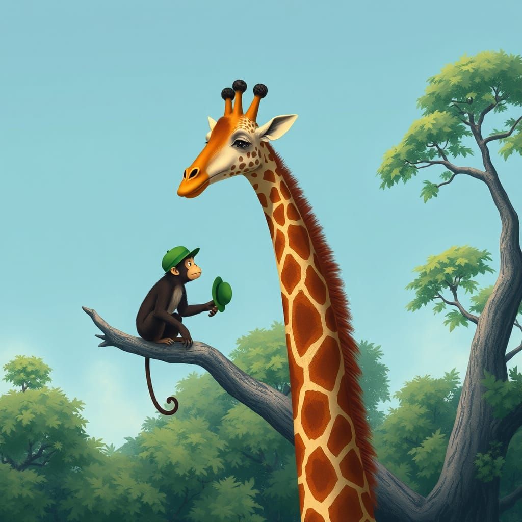 Giraffe and Monkey in Miyazaki-esque Scene