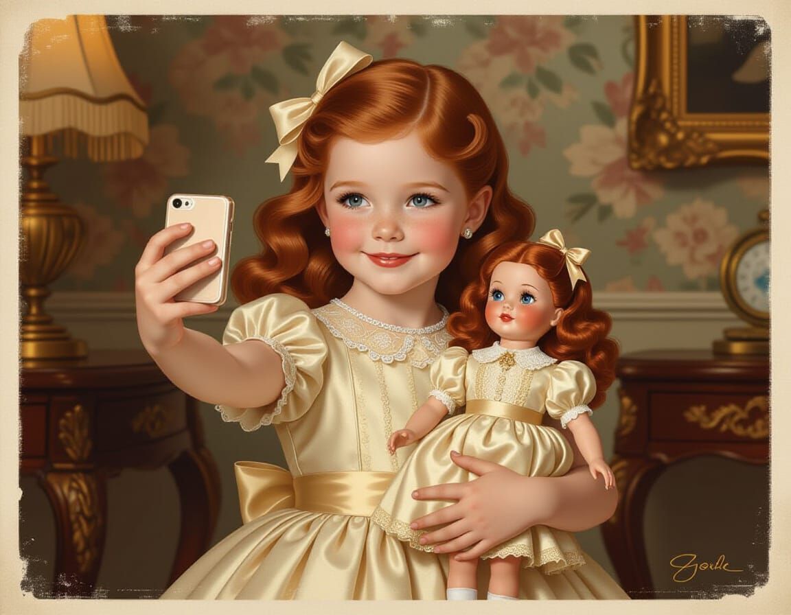 Redhead Girl Selfie in Opulent Setting, Nostalgic Style