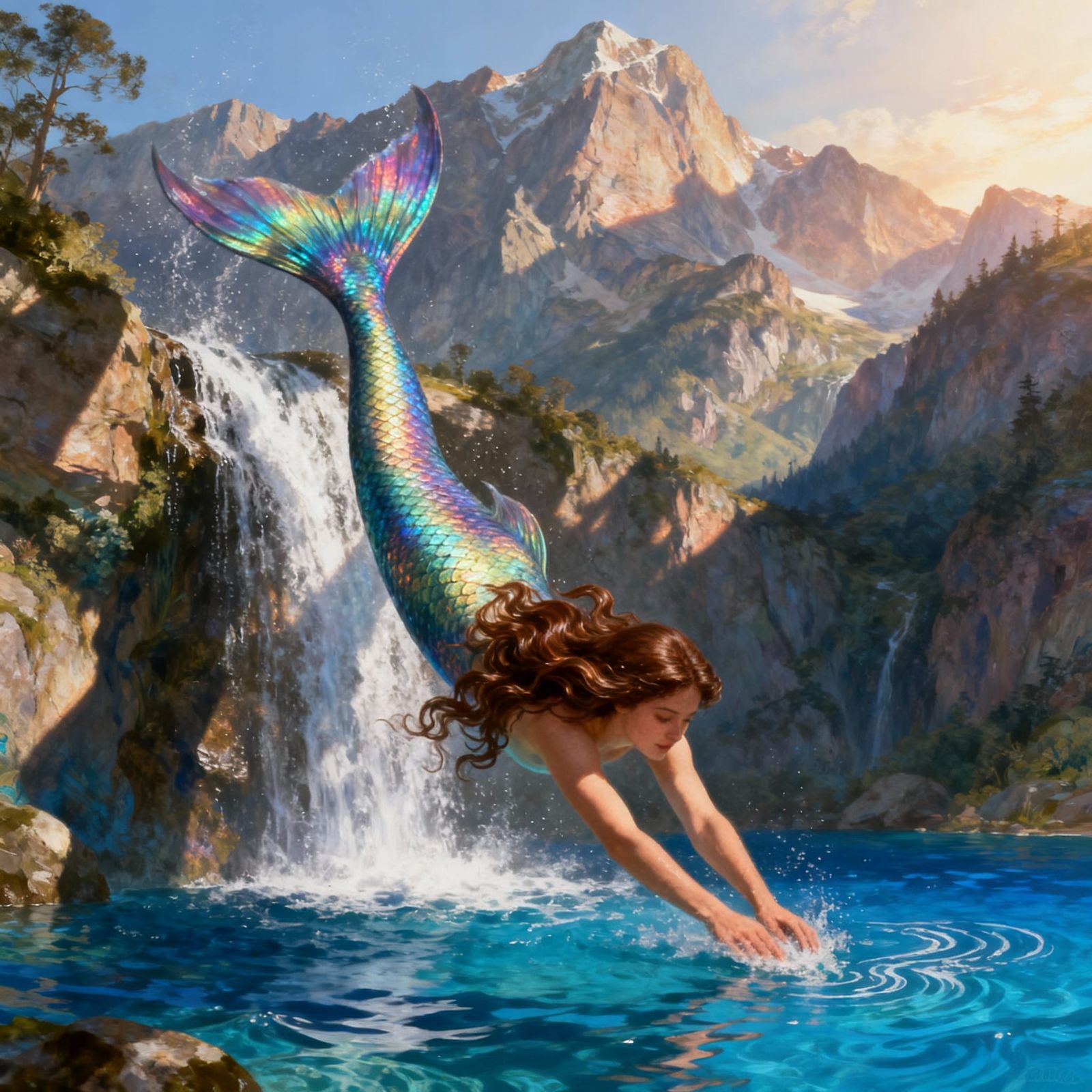 Realistic Mermaid Dives into Mountain Pool