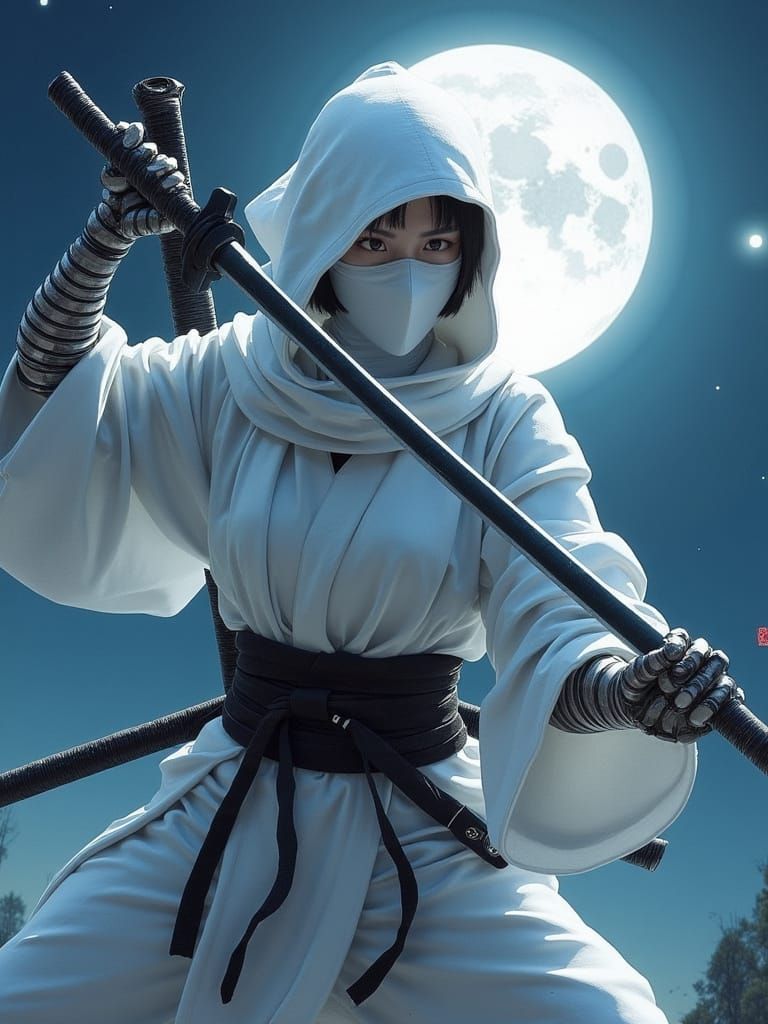 White Ninja Wielding Sais in Ukiyo-e Style