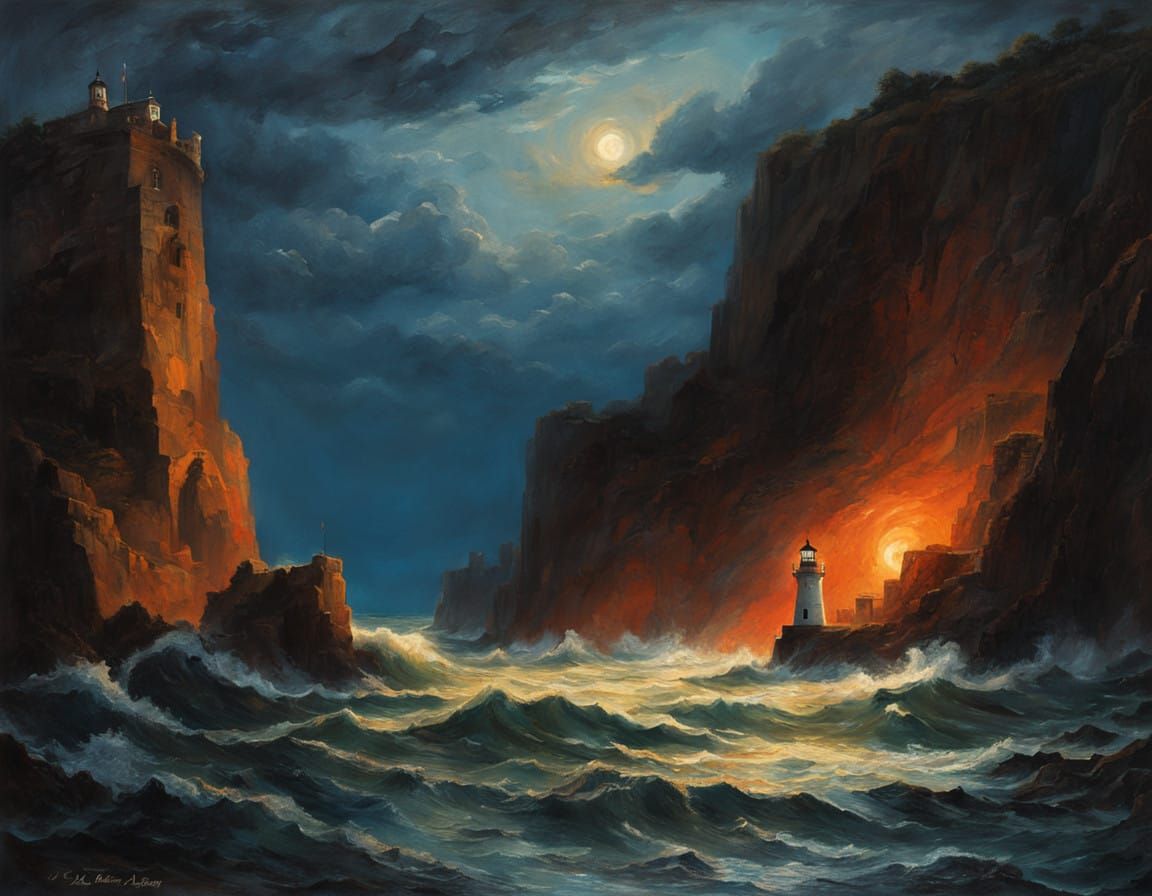 Dramatic Lighthouse Against Turbulent Night Sky in Expressiv...