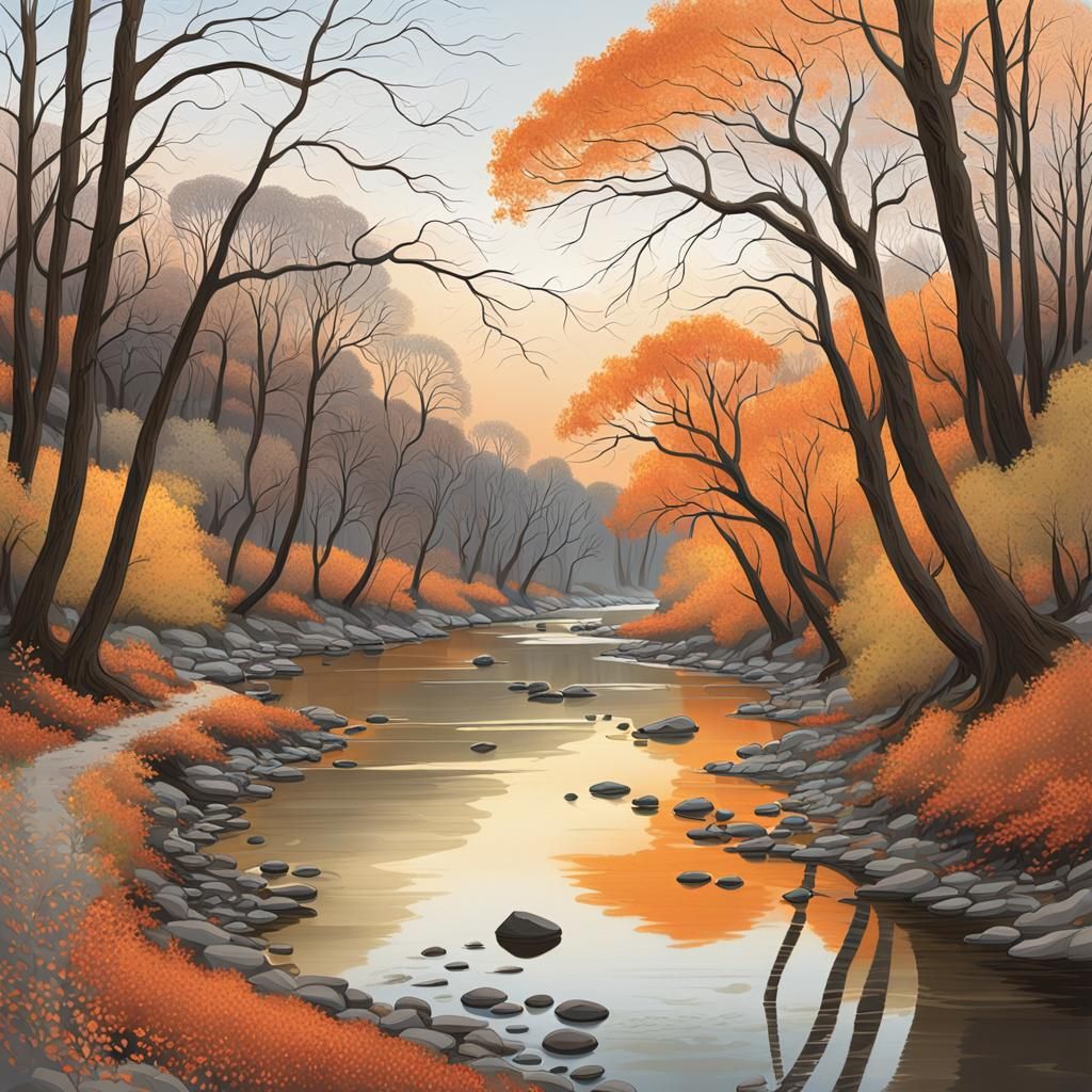 Peaceful River Scene in Autumnal Forest
