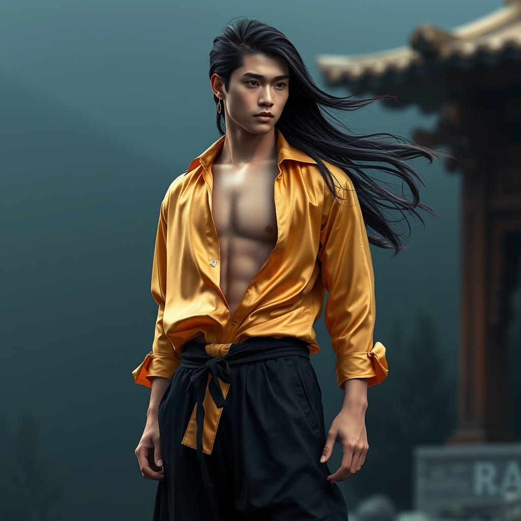 Asian model wearing a silk gold shirt and black baggy satin pants for a fashion magazine.