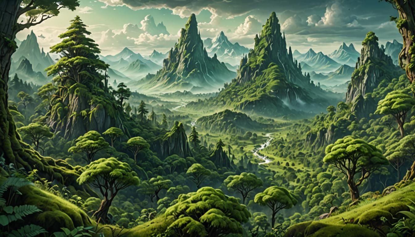 Lush Fantasy Forest with Distant Peaks