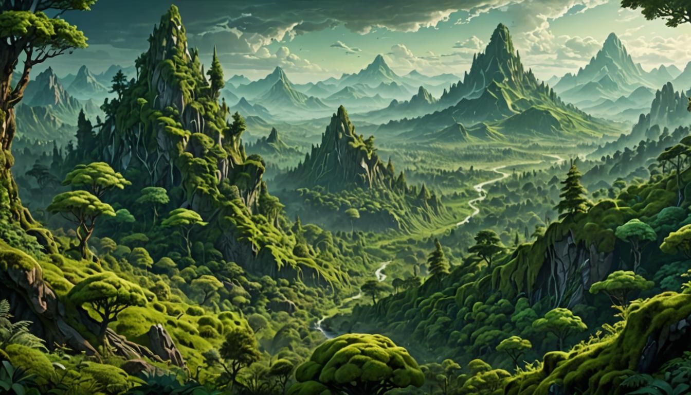 Lush Fantasy Forest with Towering Peaks