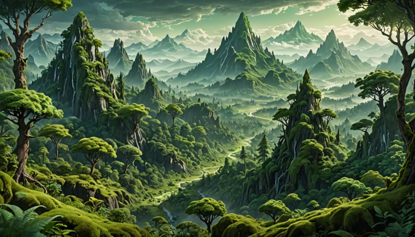 Lush Alien Forest with Towering Peaks