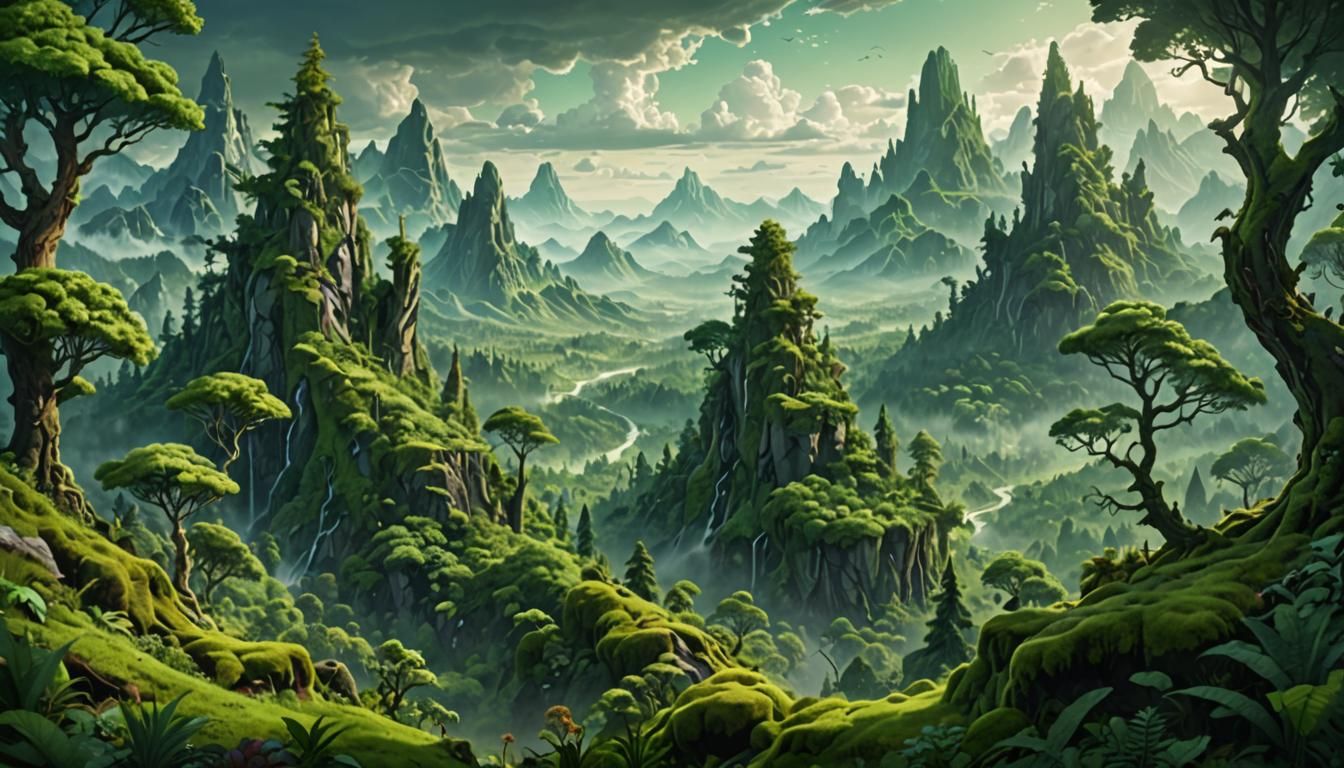 Lush Fantasy Forest with Towering Peaks in the Distance
