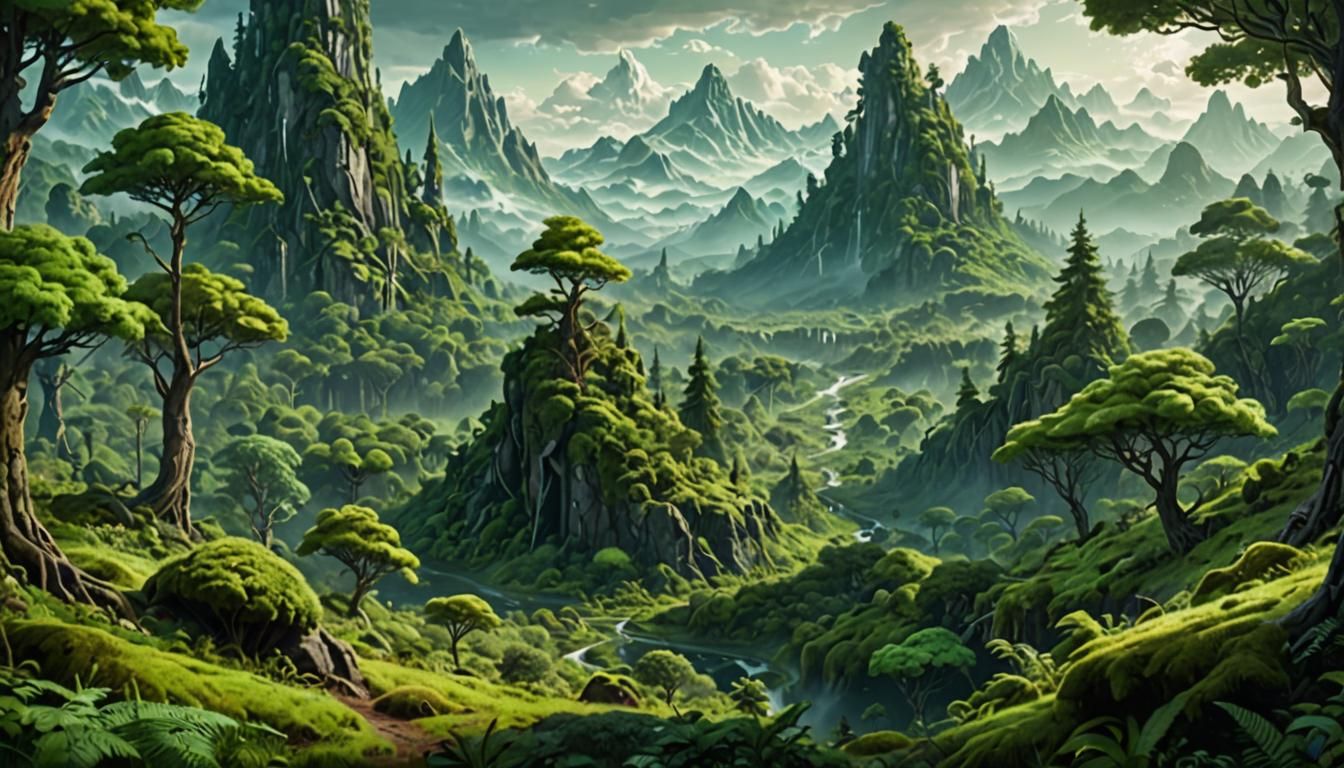 Lush Fantasy Forest with Towering Peaks