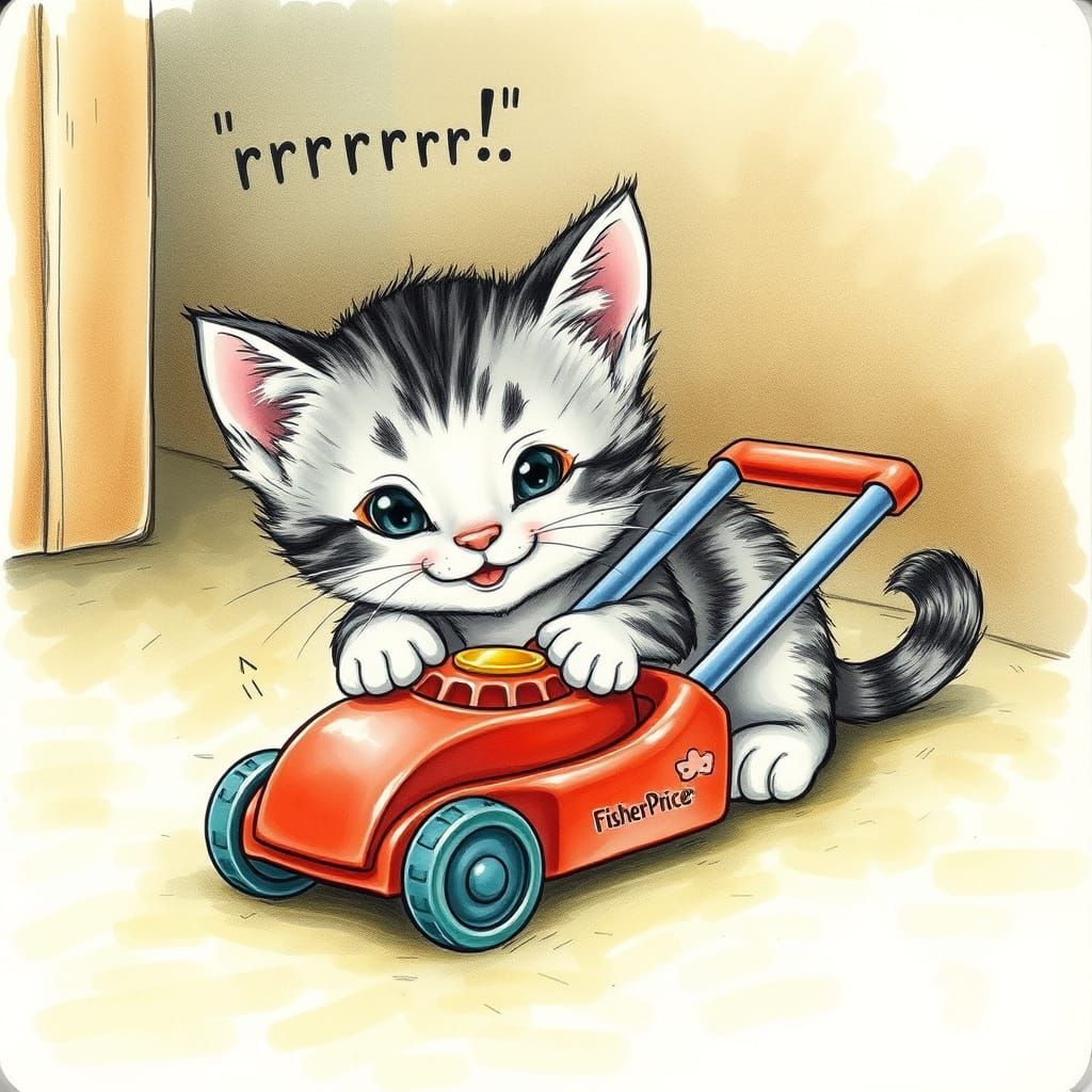 Happy Kitten Plays with Toy Lawnmower Illustration