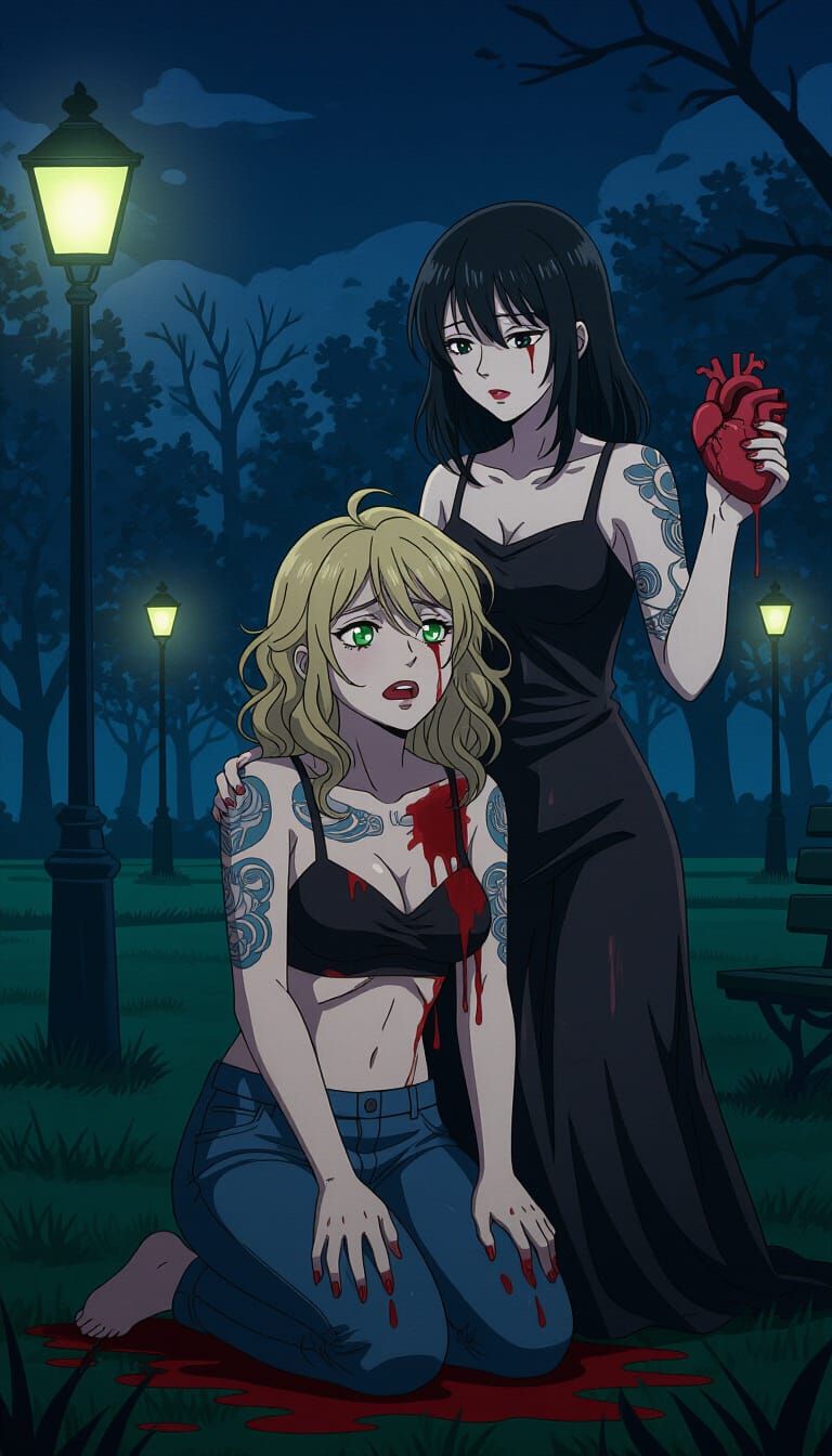 Horror Night: Women in Park as Cel-Shaded Manga