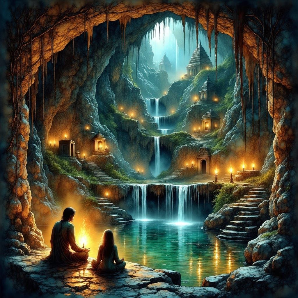 Ancient Underground Civilization in Vibrant Ink Style