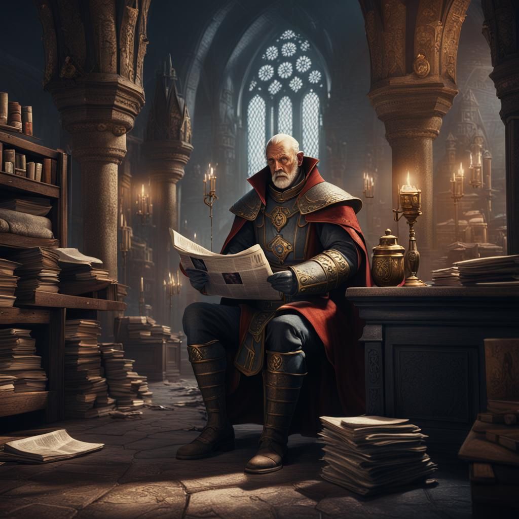 Inquisitor Reading Newspaper as Detailed Matte Painting