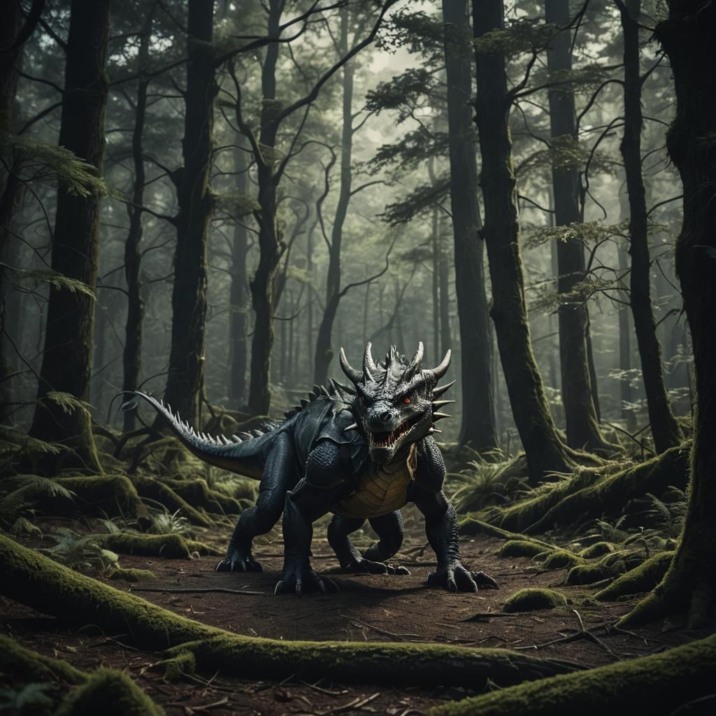 Dragon Hunt in Dark Forest: Cinematic Film Still