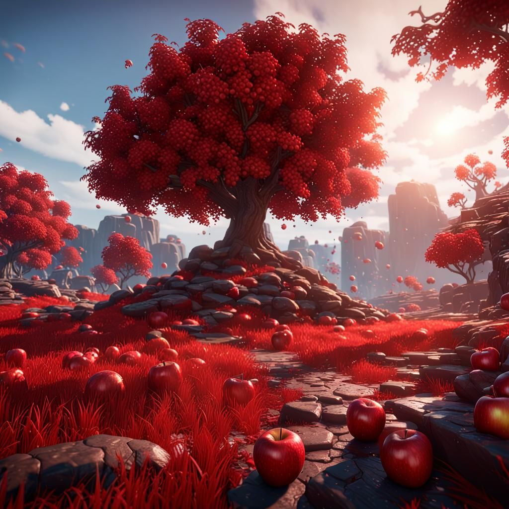 Hyperrealistic Red Apple in 3D Game Cinematic Style