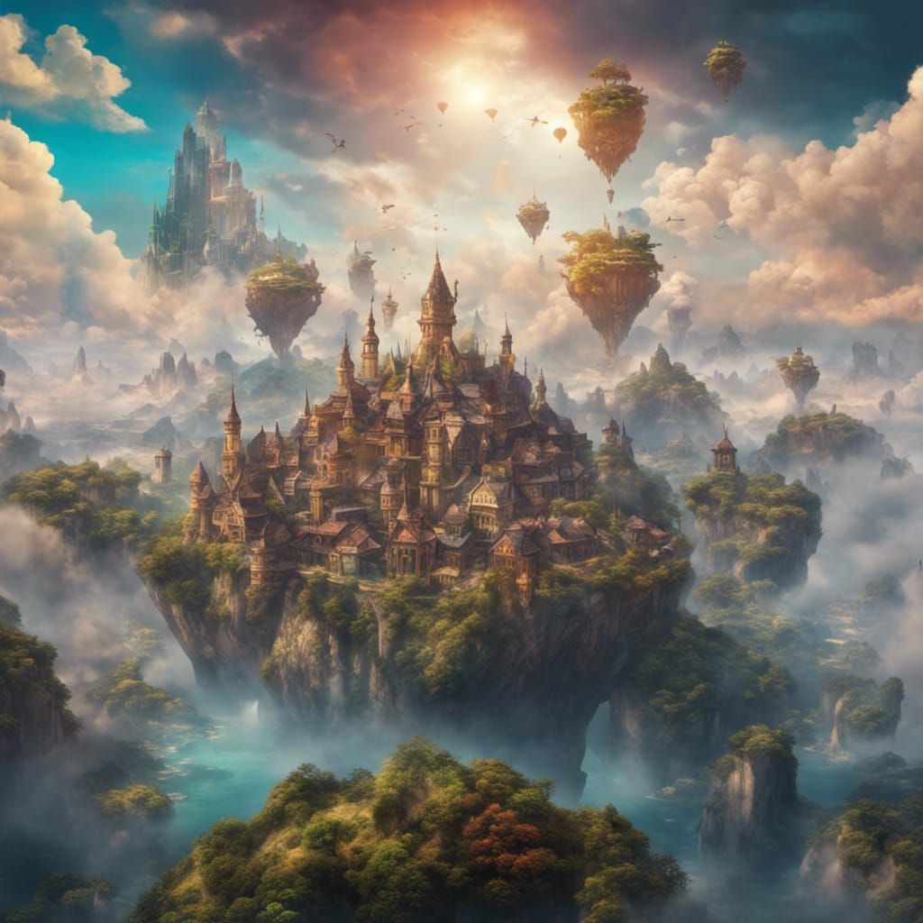 Floating Cities Journey Through Colorful Cloudscape