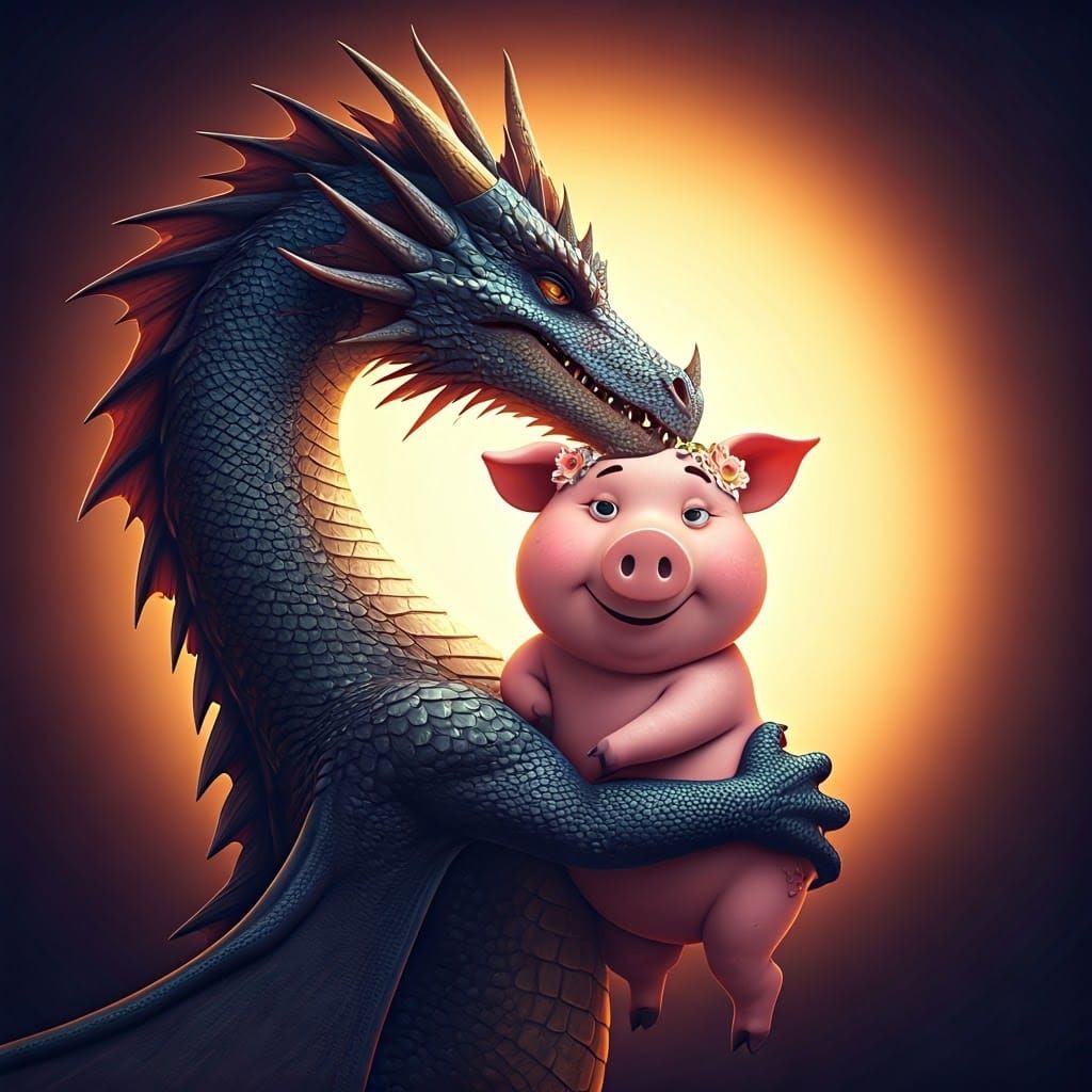 Majestic Dragon Protects Adored Pig Wife