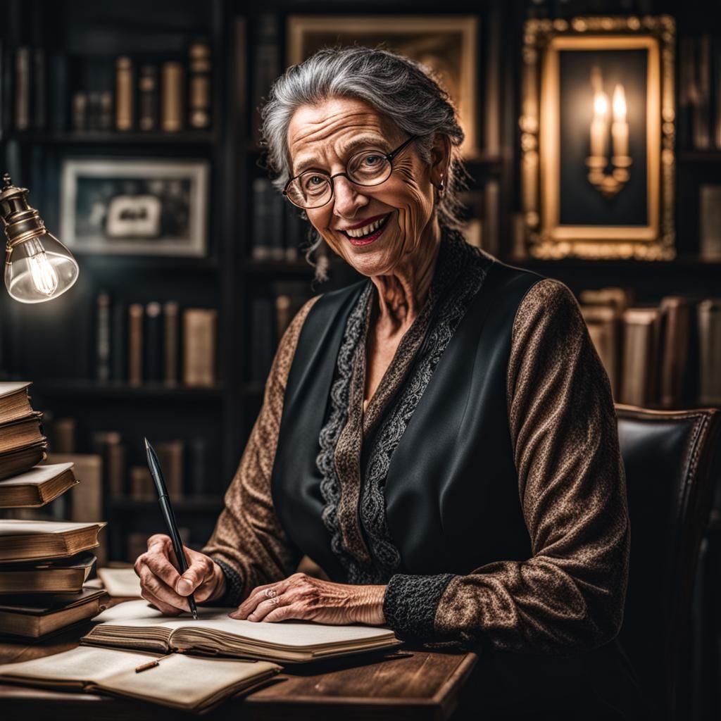 Hyperrealistic Portrait of a Happy Woman Writer