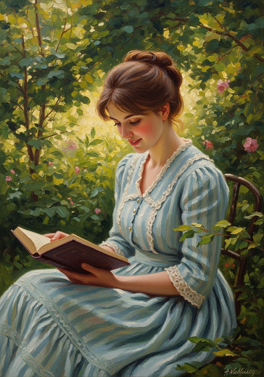 Victorian Woman Reading in Garden, Oil Painting