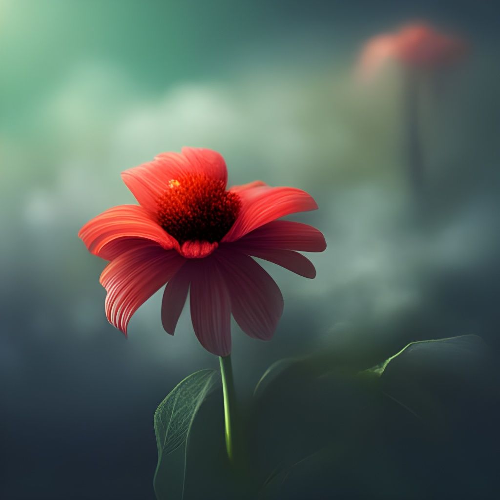 Hyperrealistic Red Metal Flower in Misty Landscape