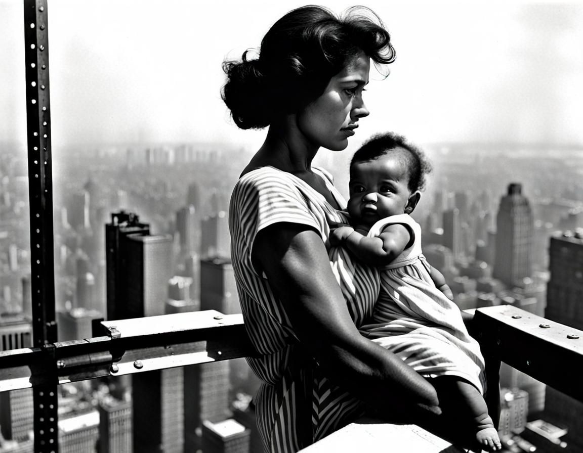 Latin Woman and her baby atop the skyscraper