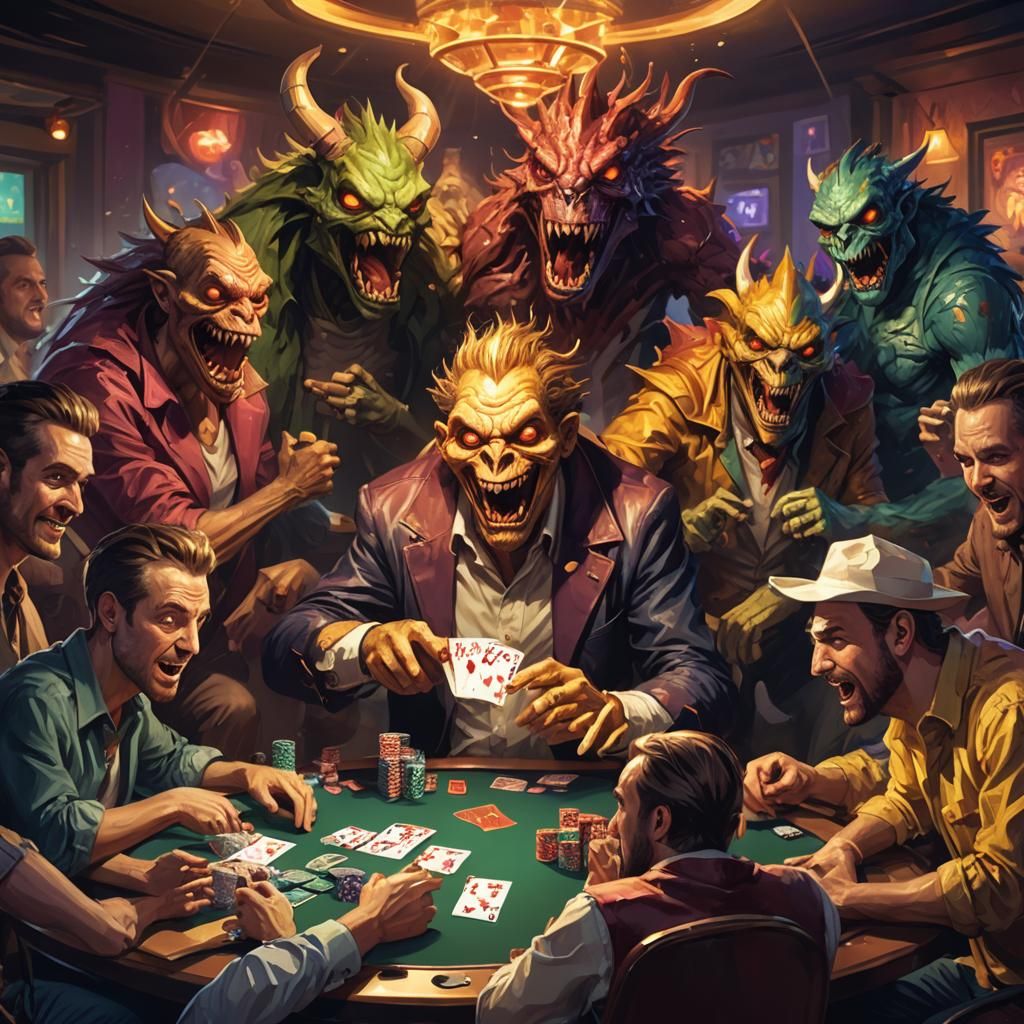 Poker Game Photobombed by Monster, Digital Art