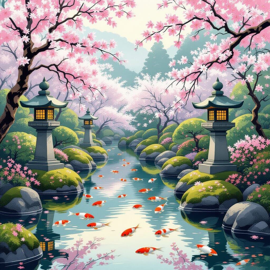 Serene Japanese Zen Garden with Koi Pond and Cherry Blossoms