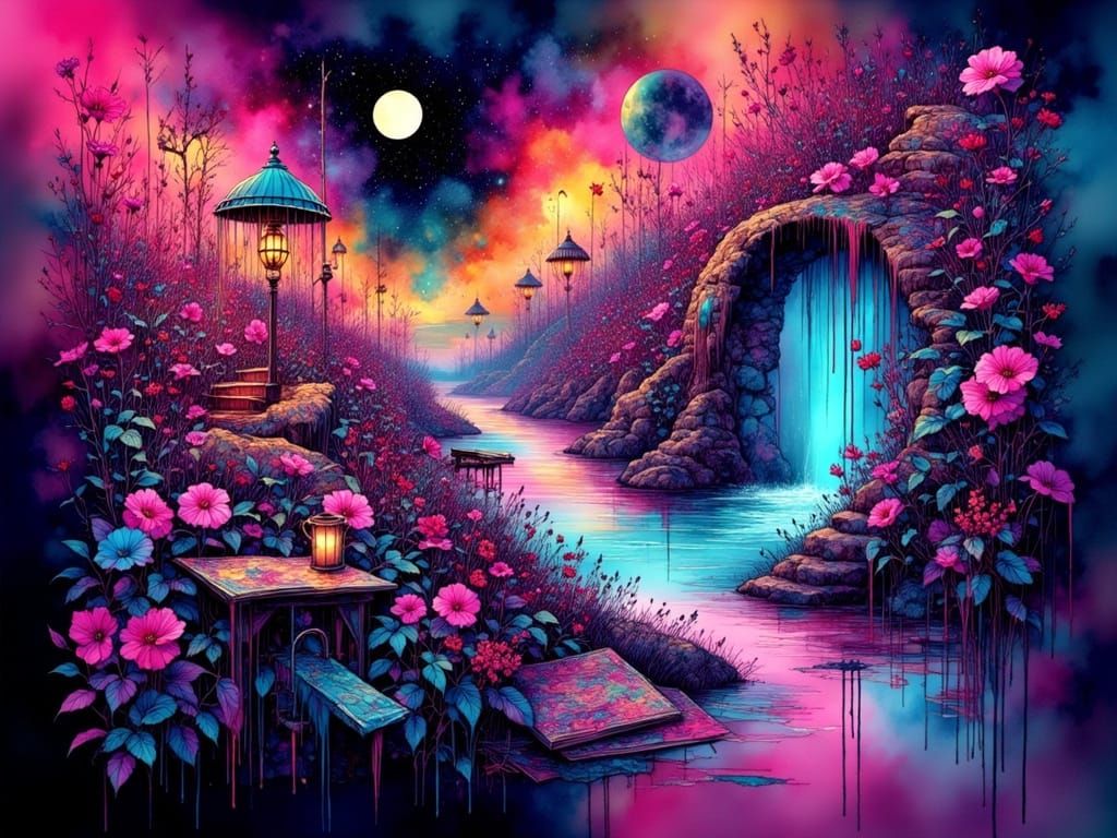 Vibrant Abstract Expressionist Fractal Artwork in Neon Color...